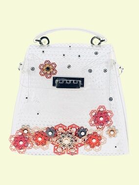 ZAC POSEN ~ Floral Applique Top-Handle Bag Transparent w/Gold & Coral Flowers